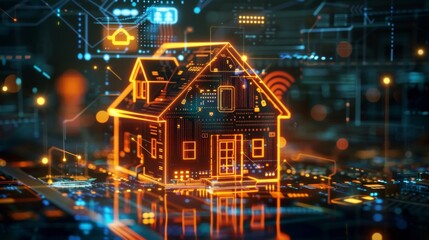 The image shows a digital house with a glowing orange outline. The house is surrounded by a blue and green background with many small, glowing dots.