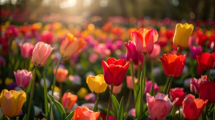 Obraz premium Field of tulips in full bloom with a beautiful sunset in the background.