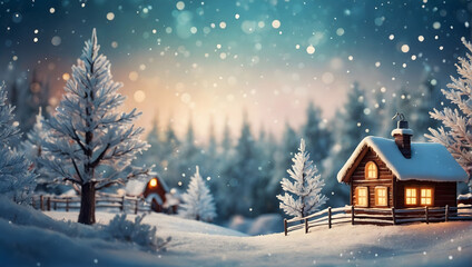 Whimsical Winter Wonderland, Illustration of a Christmas Scene Landscape Perfect for a Festive Banner or Wallpaper.