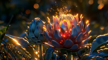   A tight shot of a bloom displaying its center aglow with numerous radiant lights, encircled by an abundance of surrounding foliage