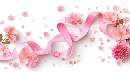 Pink ribbon and flowers on white background.