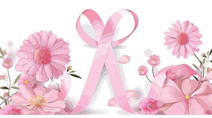 Pink ribbon and flowers on white background.