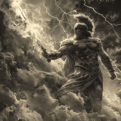 The photo shows a man standing in a stormy sky. He is wearing a white toga and has a lightning bolt in his hand. He is looking down at the viewer with a determined expression.