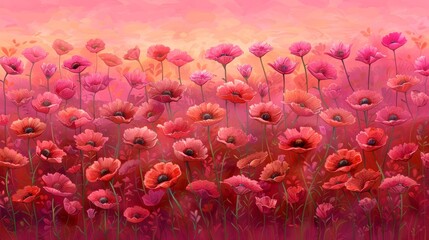   Two paintings of a field filled with red and pink blooms beneath a rosy sky