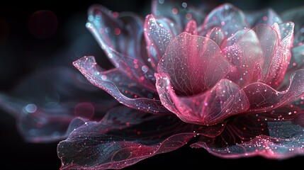   A pink flower's close-up, with dewdrops on petals, against a black backdrop