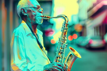 African-American Jazz Musician Celebrating Black Music Month on a Vibrant New Orleans Street