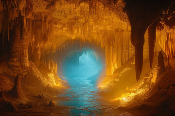 A mysterious cave system winding through underground chambers and stalactite formations, harboring unique ecosystems adapted to darkness. Concept of subterranean habitats. Generative Ai.