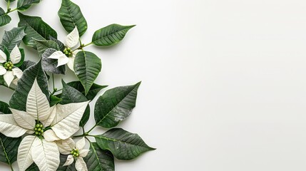   A pristine Poinsettia with green foliage against a clean white backdrop Ample room for text or an accompanying image