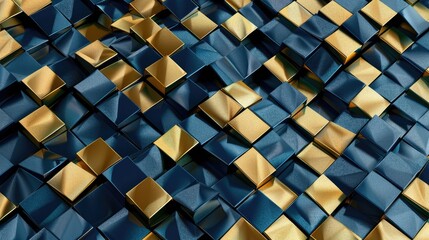 Immerse in a luxurious dark blue and gold cube or tile mosaic abstract background. Opulent visual synthesis, Ai Generated.