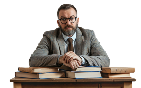 Male Teacher Engrossed in Books at Desk Isolated on Transparent Background PNG.