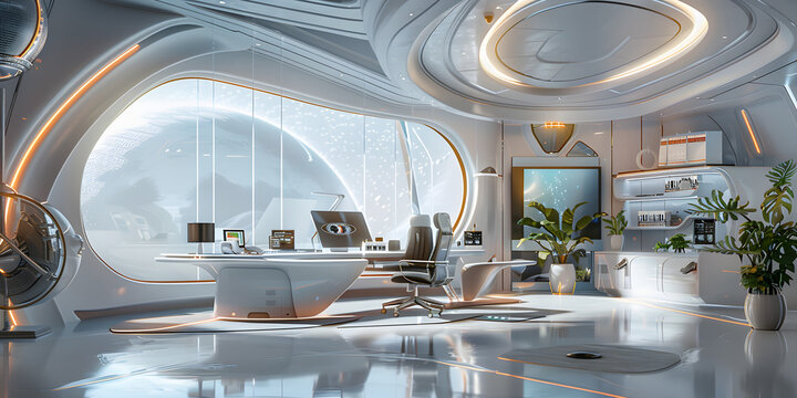 A futuristic office with multiple computers and desks, A futuristic home interior mockup with sleek metallic finishes