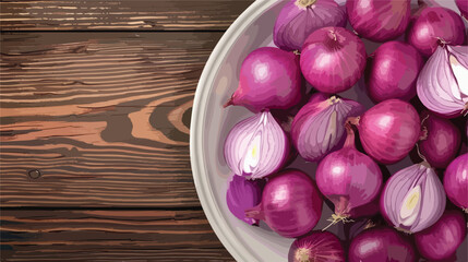 Plate with fresh red onions on wooden background Vector