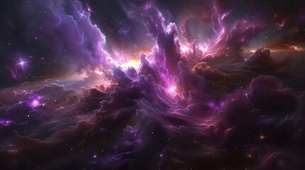   A space image featuring purple-hued clouds and stars scattered across a purplish night sky