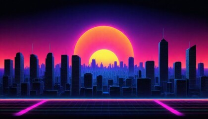 3d model A retro sunset cityscape with silhouettes (8)