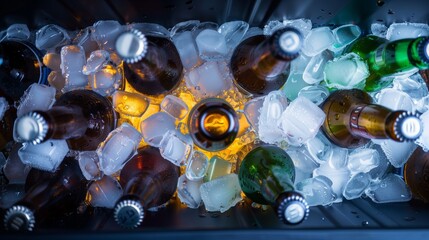 overhead view looking into a very large cooler filled up with ice, 11 beer bottle tops can be seen sticking up out of the ice