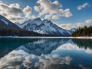 Wintry Wilderness, Snowy Mountain Range Encircling a Crystal-Clear Lake, Clouds Hovering Above.