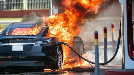 Electric car being charged catching fire at charger station.