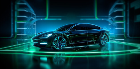 Frontside Futuristic AR car with glowing wire-frame neon light concept car of a futuristic vehicle