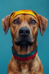 Obraz premium Celebrating Juneteenth: Rhodesian Ridgeback Dog Wearing a Pan-African Flag Headband Against Blue Background