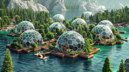 Architectural design drawings of a floating seasteading city. Large geodesic dome structures on floating hexagonal islands. Large fresh water lakes and lots of trees and plants growing. - Powered by Adobe