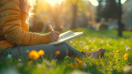 A person writing in their notebook, with the sun shining on them and grass underfoot. The focus is sharp on the hands holding the pen and paper, - Powered by Adobe