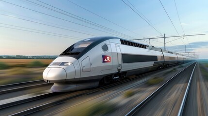 High speed train on the railway station at sunset. Industrial landscape with moving modern intercity passenger train on the railway platform, buildings. Railroad in Europe. Commercial transportation - obrazy, fototapety, plakaty