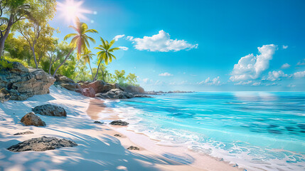 Fototapeta premium Caribbean Paradise Beach, Tranquil Waters and Lush Palms, Sunny Tropical Escape