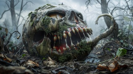   In the heart of the forest, a solitary skull rests Moss covers its facial features, while a branch emerges from its open mouth