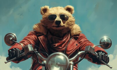 Children's illustration, a bear in sunglasses on a motorcycle.