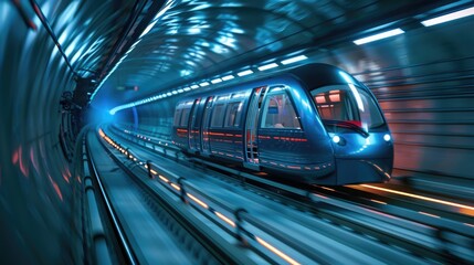 Futuristic High-Speed Train Station with Modern Design Architecture, Illuminated Interior, and Sleek Train