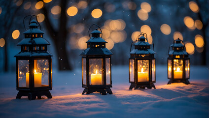 Winter Lanterns, Glowing candles line the wintry roadside, casting a warm glow in the cold.