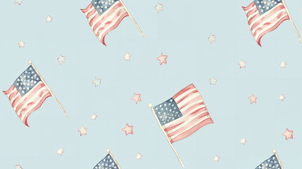 simple drawing of scattered real American flags on a pale blue background