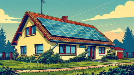 house with solar panels on roof, in style of sticker art
