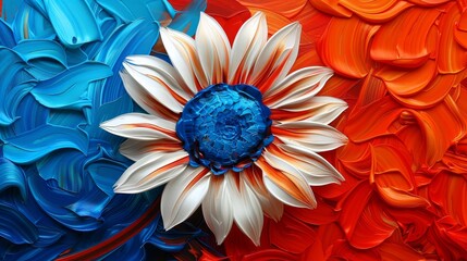   A painting of an orange, blue-violet, and white flower on a red, white, and blue background, with the center dominated by a prominent blue hue