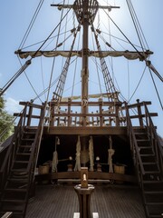 Inside view of the mast and stern of the historical replica carrack ship Nao Victoria