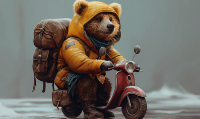 Children's illustration, a bear on a motorcycle with a backpack.