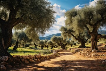 Fototapeta premium Sun-drenched Olives trees farm. Nature grove. Generate Ai