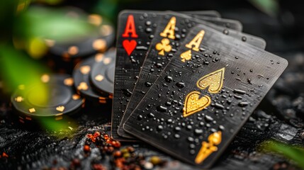 Obraz premium A collection of playing cards rests atop a wet table, nearby is a verdant plant dotted with water droplets