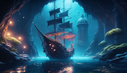 ship in the sea,an underground ocean, a pirate ship in the foreground, fantasy city on island 