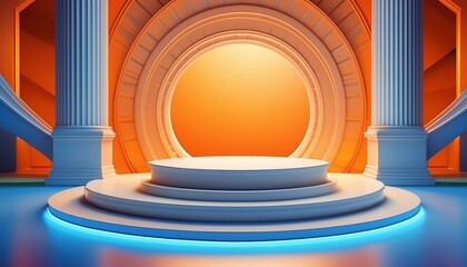 stage with spotlight,podium on orange background 3d render, 3d render of an the round white podium against the platform, stage with spotlight