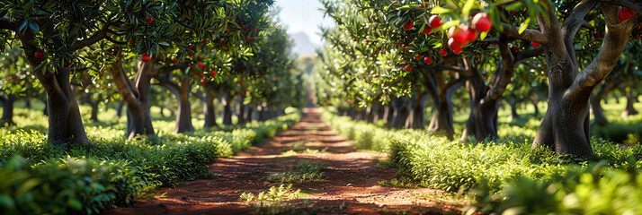 Cherry Orchard Path, Ripe Fruits Hanging from Lush Trees, Vibrant Agricultural Landscape