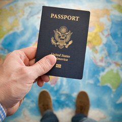 Man's hand holding US passport. Map background. Ready for traveling. Open world.