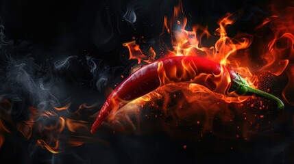 Fiery red hot chili pepper burning in flames against a dark black backdrop, Ai Generated.