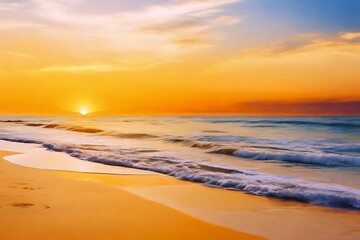 Sunset on the beach. Beach sunset. Ocean water, high contrast. Tourism and summer vacation....