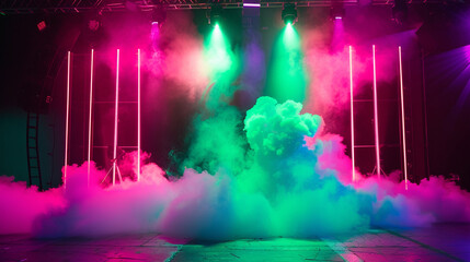 A stage bathed in neon green smoke under a deep magenta spotlight, creating a bold, striking atmosphere.