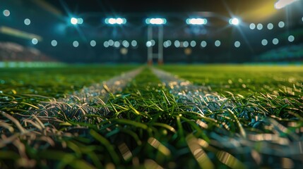 Stadium with lights, grass close up in sports arena, background.