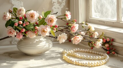   A white vase, filled with pink flowers, stands next to a white beaded necklace and another white vase, similarly holding pink blooms