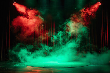 A stage covered in bright green smoke under a ruby red spotlight, enhancing the visual drama against a black backdrop.