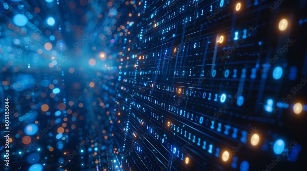 Poster a computer screen with a blue background and orange and yellow dots