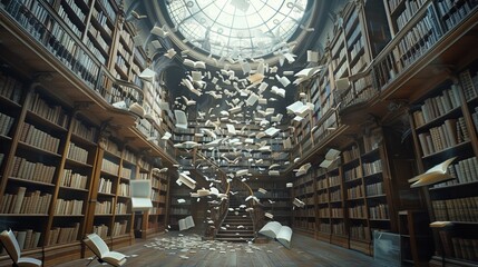 A library with bookshelves full of books and a lot of paper flying around